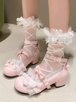 Sweet Lolita ShoesPink Bows Round Toe PU Leather Chunky Heel Lolita Pumps
