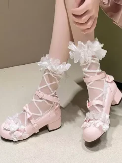 Sweet Lolita ShoesPink Bows Round Toe PU Leather Chunky Heel Lolita Pumps