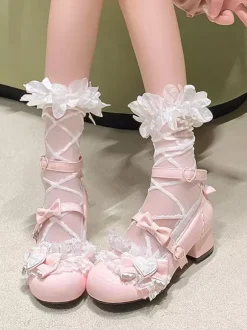 Sweet Lolita ShoesPink Bows Round Toe PU Leather Chunky Heel Lolita Pumps