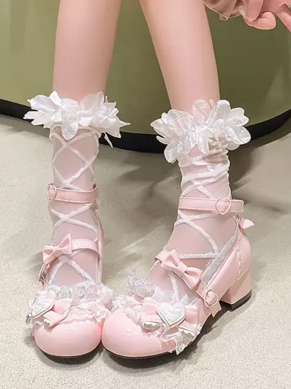 Sweet Lolita ShoesPink Bows Round Toe PU Leather Chunky Heel Lolita Pumps