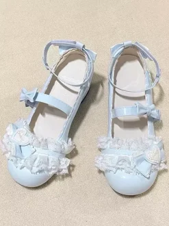Sweet Lolita ShoesPink Bows Round Toe PU Leather Chunky Heel Lolita Pumps