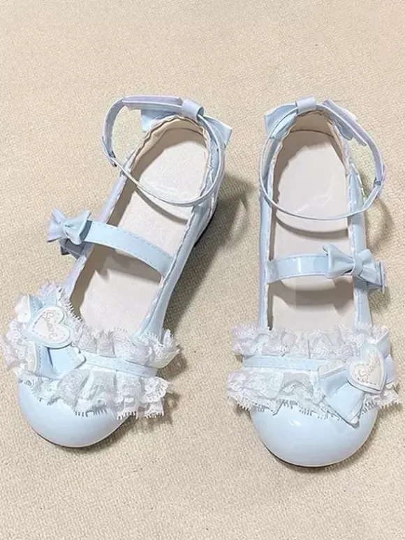 Sweet Lolita ShoesPink Bows Round Toe PU Leather Chunky Heel Lolita Pumps