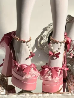 Sweet Lolita Shoes Pink Chains Lace Up Bows Round Toe Chunky Heel Lolita Shoes