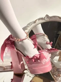 Sweet Lolita Shoes Pink Chains Lace Up Bows Round Toe Chunky Heel Lolita Shoes