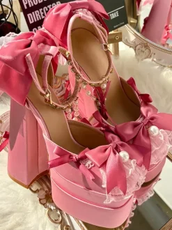 Sweet Lolita Shoes Pink Chains Lace Up Bows Round Toe Chunky Heel Lolita Shoes