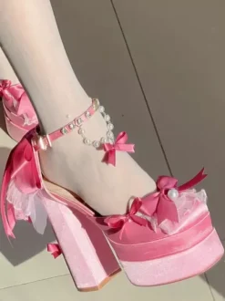 Sweet Lolita Shoes Pink Chains Lace Up Bows Round Toe Chunky Heel Lolita Shoes