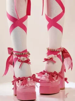 Sweet Lolita Shoes Pink Chains Lace Up Bows Round Toe Chunky Heel Lolita Shoes