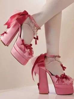 Sweet Lolita Shoes Pink Chains Lace Up Bows Round Toe Chunky Heel Lolita Shoes