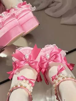 Sweet Lolita Shoes Pink Chains Lace Up Bows Round Toe Chunky Heel Lolita Shoes