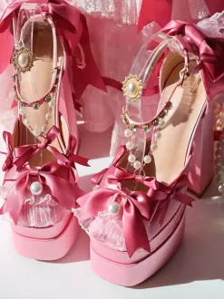 Sweet Lolita Shoes Pink Chains Lace Up Bows Round Toe Chunky Heel Lolita Shoes