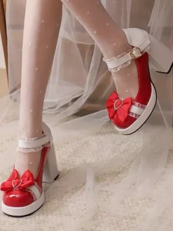 Sweet Lolita Shoes Pink Lace Bows Patent Leather Chunky Heel Lolita Pumps