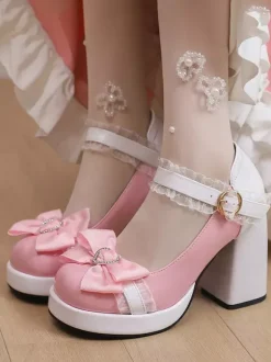 Sweet Lolita Shoes Pink Lace Bows Patent Leather Chunky Heel Lolita Pumps