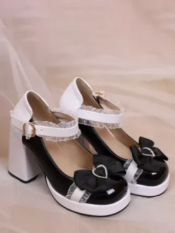Sweet Lolita Shoes Pink Lace Bows Patent Leather Chunky Heel Lolita Pumps