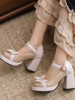 Sweet Lolita Shoes Pink Lace Bows Patent Leather Chunky Heel Lolita Pumps