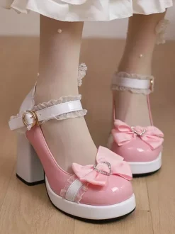 Sweet Lolita Shoes Pink Lace Bows Patent Leather Chunky Heel Lolita Pumps