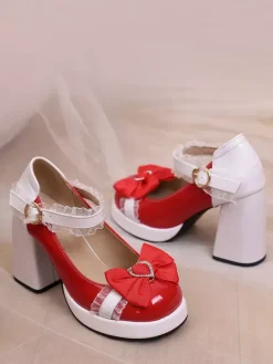 Sweet Lolita Shoes Pink Lace Bows Patent Leather Chunky Heel Lolita Pumps