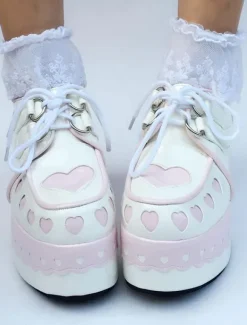 Sweet Lolita Shoes Platform Wedge Lace Up Heart Round Toe Lolita Footwear