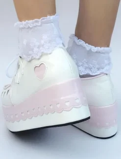 Sweet Lolita Shoes Platform Wedge Lace Up Heart Round Toe Lolita Footwear