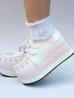 Sweet Lolita Shoes Platform Wedge Lace Up Heart Round Toe Lolita Footwear