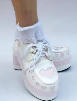 Sweet Lolita Shoes Platform Wedge Lace Up Heart Round Toe Lolita Footwear
