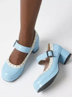 Sweet Lolita Shoes Rose Bows Patent Leather Chunky Heel Lolita Shoes