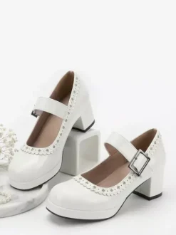 Sweet Lolita Shoes Rose Bows Patent Leather Chunky Heel Lolita Shoes