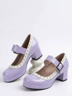 Sweet Lolita Shoes Rose Bows Patent Leather Chunky Heel Lolita Shoes