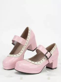 Sweet Lolita Shoes Rose Bows Patent Leather Chunky Heel Lolita Shoes