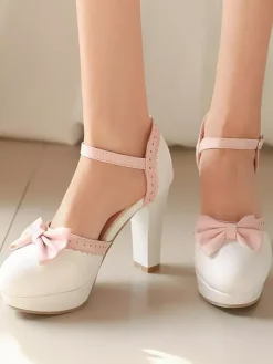 Sweet Lolita Shoes White Bows PU Leather Chunky Heel Lolita Shoes