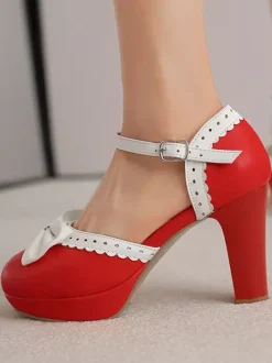 Sweet Lolita Shoes White Bows PU Leather Chunky Heel Lolita Shoes