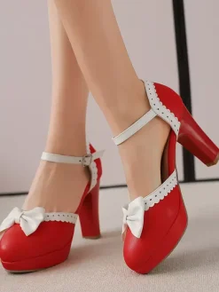 Sweet Lolita Shoes White Bows PU Leather Chunky Heel Lolita Shoes