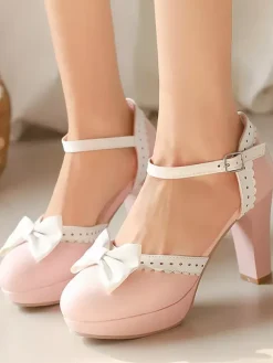 Sweet Lolita Shoes White Bows PU Leather Chunky Heel Lolita Shoes