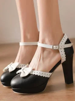 Sweet Lolita Shoes White Bows PU Leather Chunky Heel Lolita Shoes