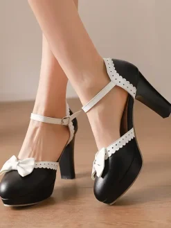 Sweet Lolita Shoes White Bows PU Leather Chunky Heel Lolita Shoes