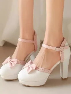 Sweet Lolita Shoes White Bows PU Leather Chunky Heel Lolita Shoes