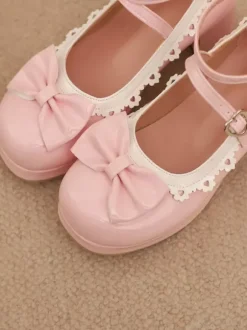 Sweet Lolita Shoes White Bows Round Toe PU Leather Lolita Pumps