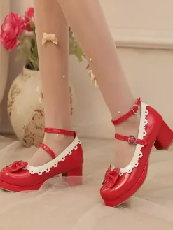 Sweet Lolita Shoes White Bows Round Toe PU Leather Lolita Pumps