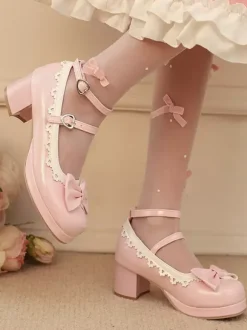 Sweet Lolita Shoes White Bows Round Toe PU Leather Lolita Pumps