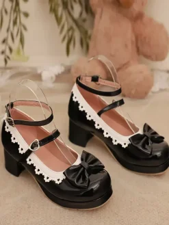 Sweet Lolita Shoes White Bows Round Toe PU Leather Lolita Pumps