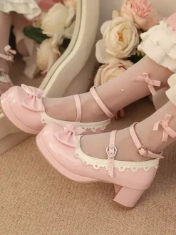 Sweet Lolita Shoes White Bows Round Toe PU Leather Lolita Pumps