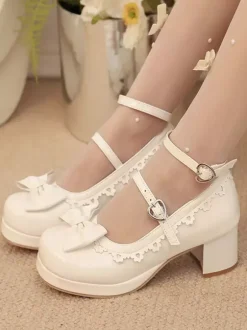 Sweet Lolita Shoes White Bows Round Toe PU Leather Lolita Pumps