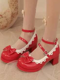Sweet Lolita Shoes White Bows Round Toe PU Leather Lolita Pumps