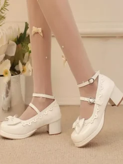 Sweet Lolita Shoes White Bows Round Toe PU Leather Lolita Pumps