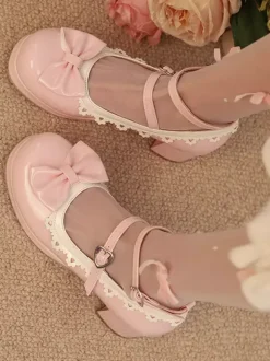 Sweet Lolita Shoes White Bows Round Toe PU Leather Lolita Pumps
