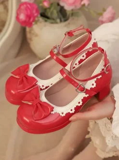 Sweet Lolita Shoes White Bows Round Toe PU Leather Lolita Pumps