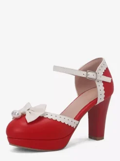 Sweet Lolita Shoes White Bows Round Toe PU Leather Lolita Pumps