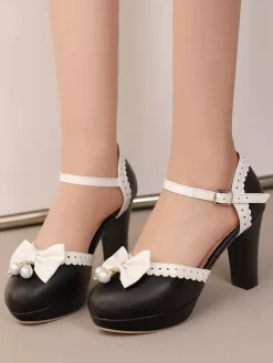 Sweet Lolita Shoes White Bows Round Toe PU Leather Lolita Pumps