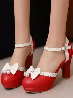 Sweet Lolita Shoes White Bows Round Toe PU Leather Lolita Pumps