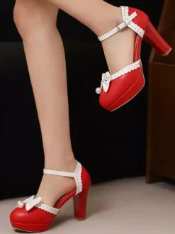 Sweet Lolita Shoes White Bows Round Toe PU Leather Lolita Pumps