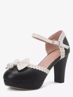 Sweet Lolita Shoes White Bows Round Toe PU Leather Lolita Pumps